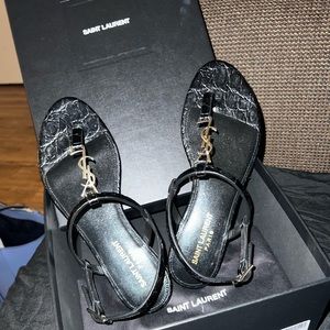 Saint Laurent Cassandra croc-embossed leather slingback thong sandal